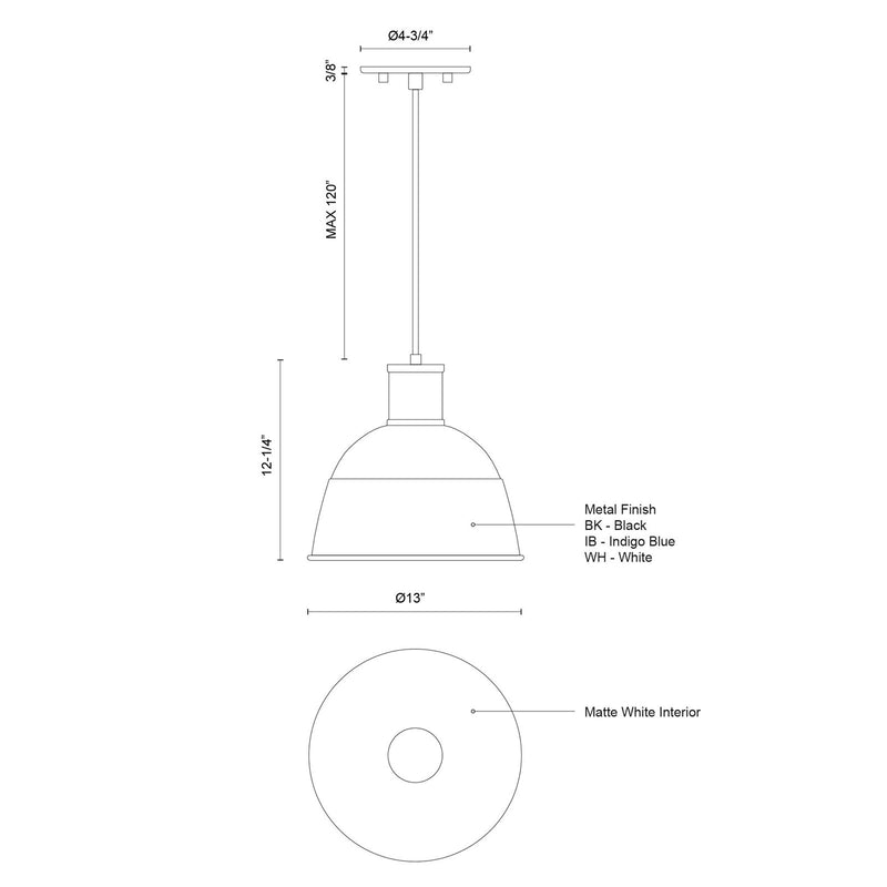 Kuzco Irving 1-Light 13in Pendant | Indigo Blue Aluminum and White Interior | Kitchen Island & Dining Room | 13 x 13 x 12 in | Model 493513-IB