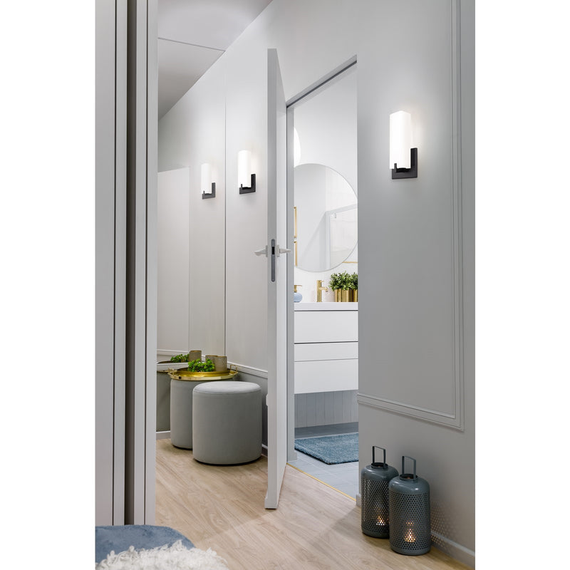 Kuzco Stratford 12in 1-Light LED Wall Sconce | Modern Black and Opal Glass | Bathroom & Hallway Accent | 800lm 3000K 90CRI | Model 601485BK-LED