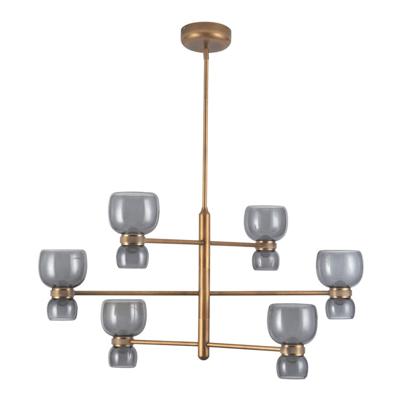 Kuzco Sutton 36" Brass Dimmable LED Chand, Vintage Brass/Smoked Glass