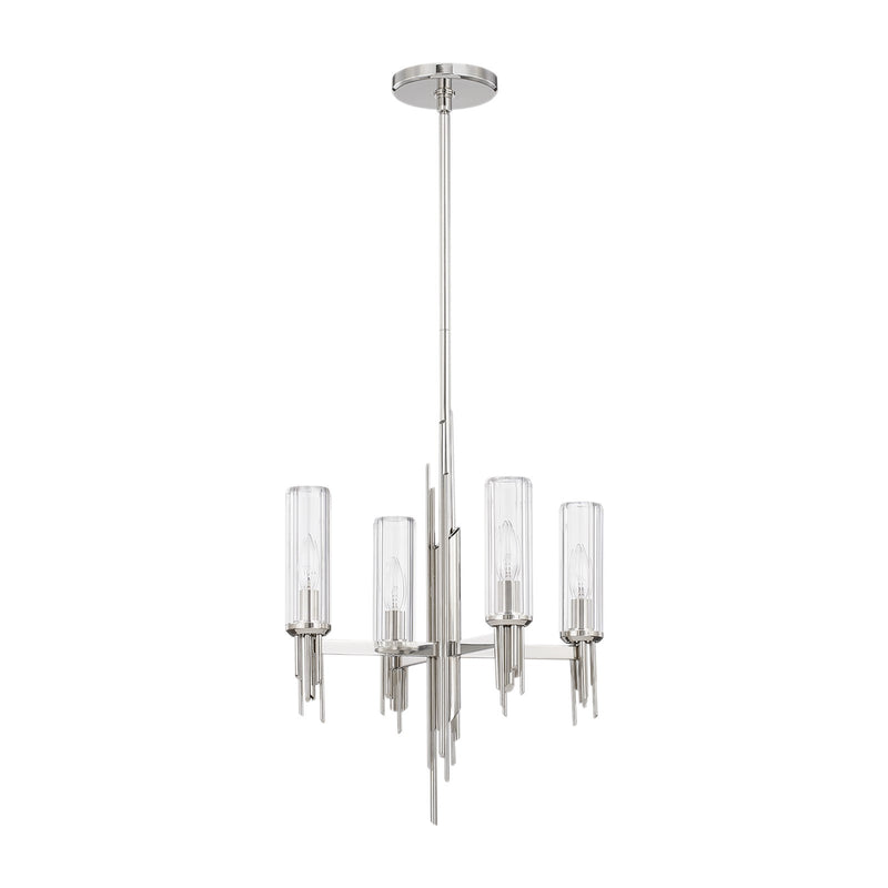 Kuzco Torres 18in 4-Light Chandelier | Brutalist Polished Nickel and Clear Ribbed Glass | Dining Room & Entryway | 22.12 x 18 in | Model CH335418PNCR