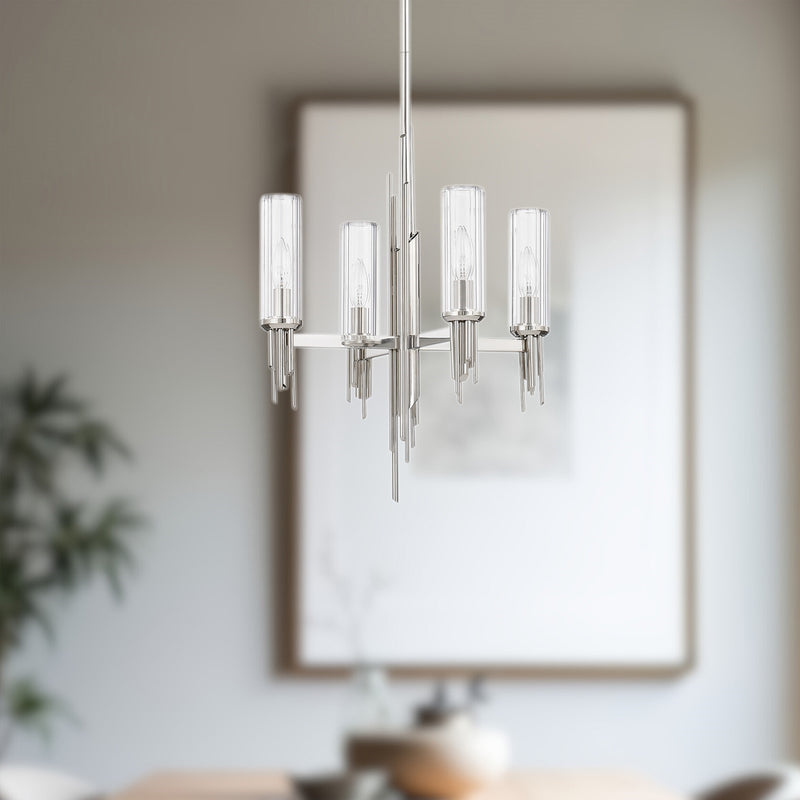 Kuzco Torres 18in 4-Light Chandelier | Brutalist Polished Nickel and Clear Ribbed Glass | Dining Room & Entryway | 22.12 x 18 in | Model CH335418PNCR