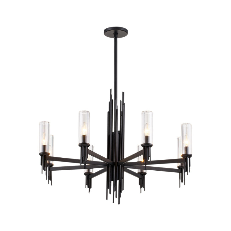 Kuzco Torres 36in 8-Light Chandelier | Brutalist Matte Black and Clear Ribbed Glass | Dining Room & Great Room | 28.25 x 36.12 in | Model CH335836MBCR