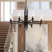 Kuzco Torres 36in 8-Light Chandelier | Brutalist Matte Black and Clear Ribbed Glass | Dining Room & Great Room | 28.25 x 36.12 in | Model CH335836MBCR