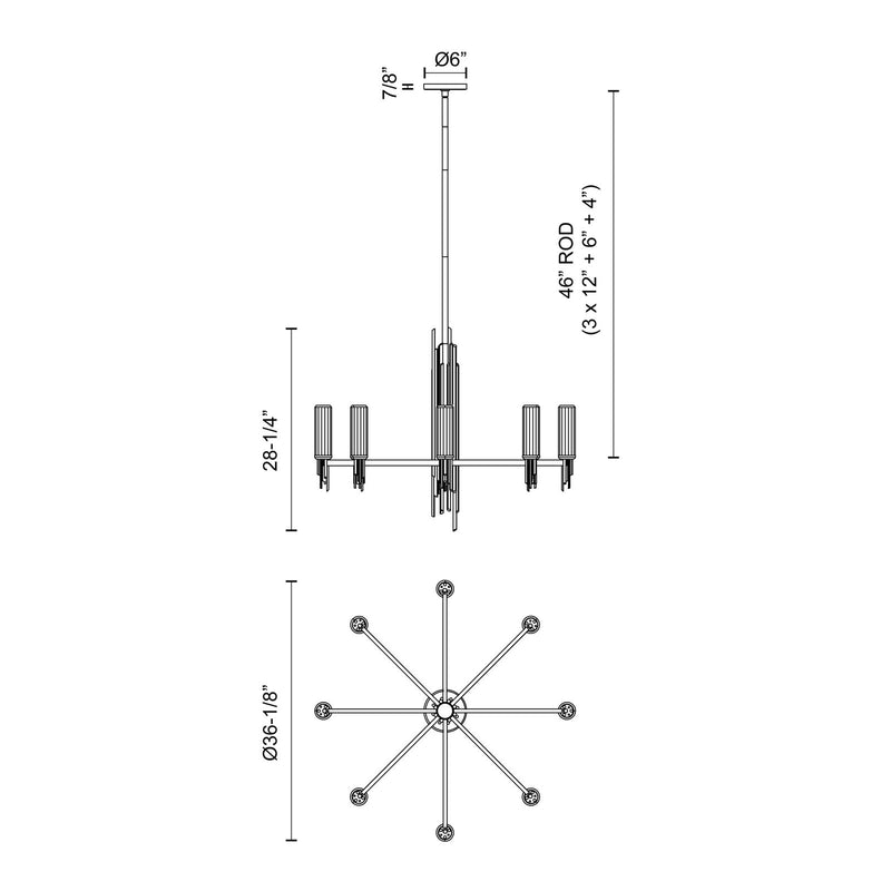 Kuzco Torres 36in 8-Light Chandelier | Brutalist Matte Black and Clear Ribbed Glass | Dining Room & Great Room | 28.25 x 36.12 in | Model CH335836MBCR