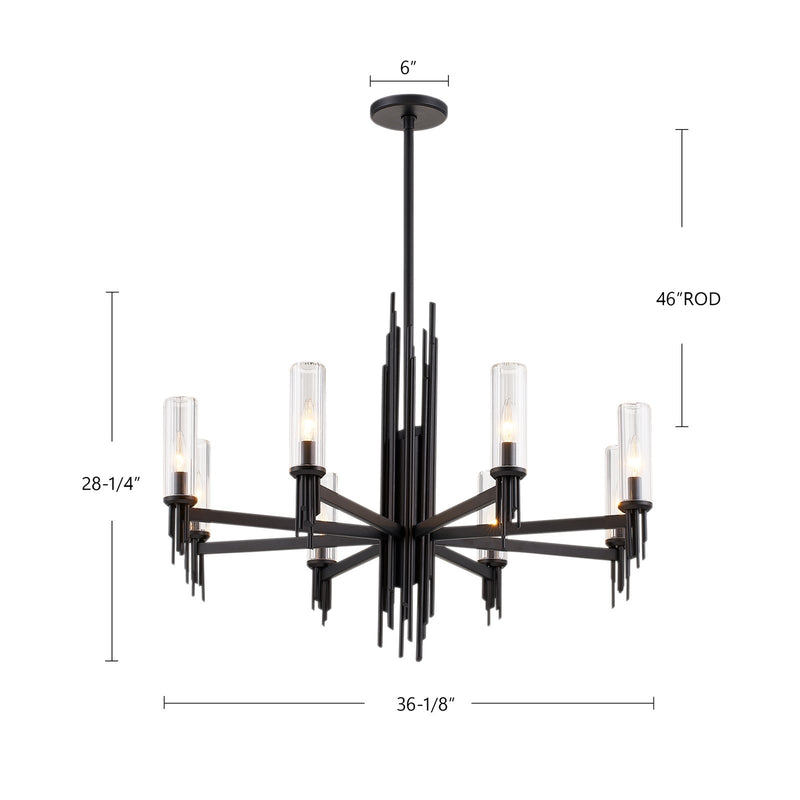 Kuzco Torres 36in 8-Light Chandelier | Brutalist Matte Black and Clear Ribbed Glass | Dining Room & Great Room | 28.25 x 36.12 in | Model CH335836MBCR