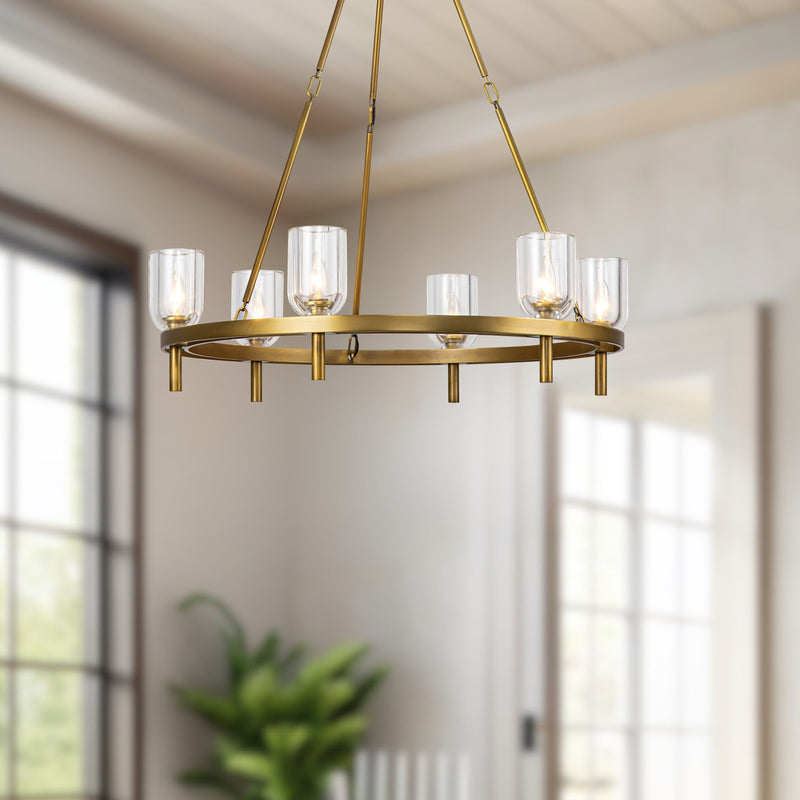 Kuzco Lucian 32in 6-Light Chandelier | Vintage Brass Steel and Clear Crystal Alabaster | Dining Room & Living Room Foyer | Model CH338632VBCC