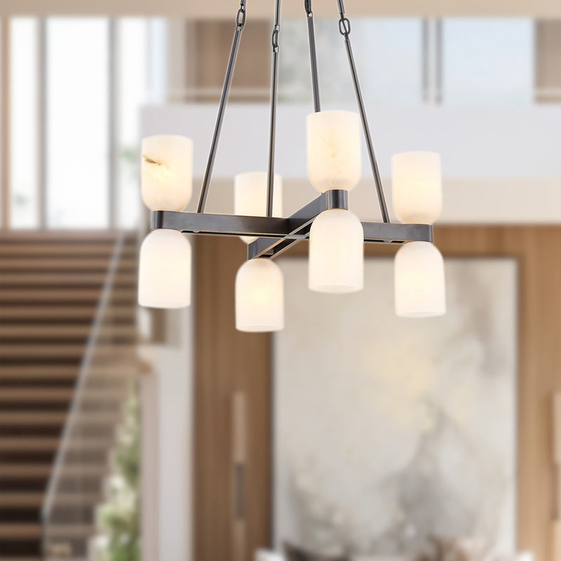 Kuzco Lucian 22in 8-Light Chandelier | Classic Urban Bronze and Alabaster Glass with Clear Crystal Accents | Dining Room | Model CH338822UBAR