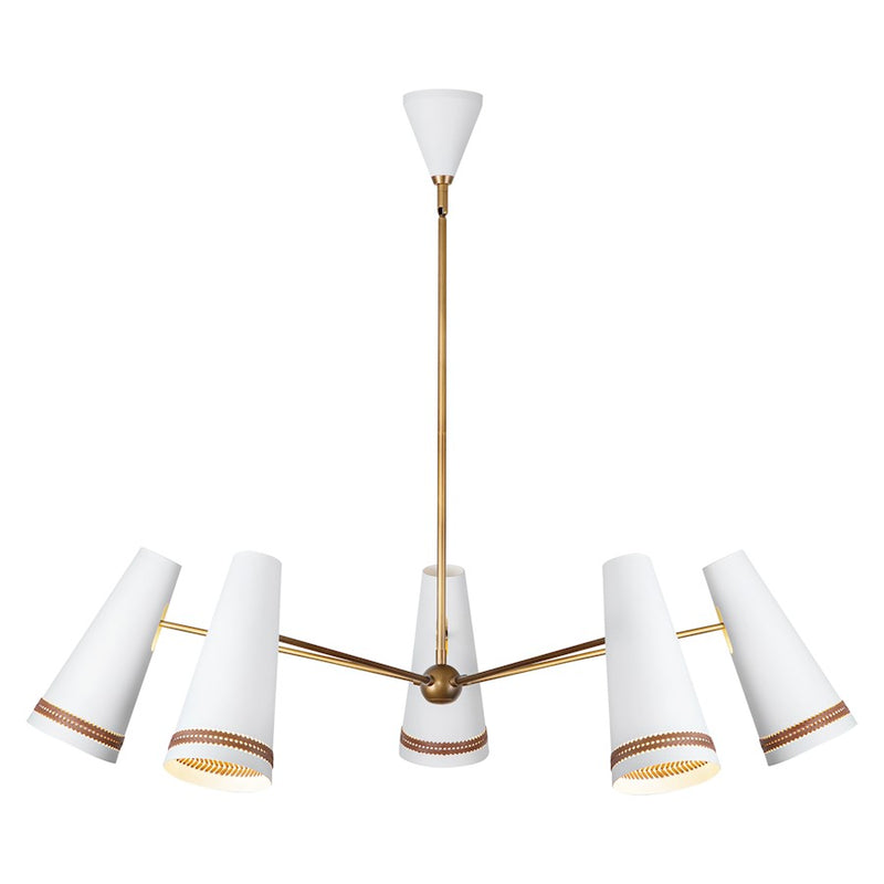 Kuzco Brickell 45in 5-Light Chandelier | Mid-Century Matte White Steel and Hazelnut Leather | Dining Room & Living Room | Model CH342545MWHL