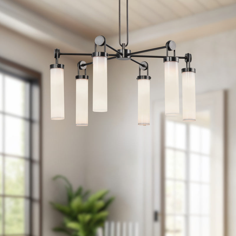 Kuzco Wynwood 32in 6-Light Chandelier | Industrial Urban Bronze and Glossy Opal Glass | Dining Room & Living Room | Model CH355632UBGO