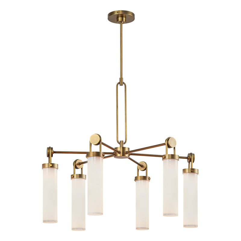 Kuzco Wynwood 32in 6-Light Chandelier | Industrial Vintage Brass Steel and Glossy Opal Glass | Dining Room & Living Room | Model CH355632VBGO