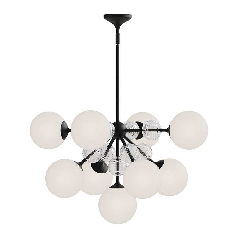 Alora Mood Celia 30in 9-Light Chandelier | Matte Black and Opal Glass with Clear Ribbed Glass | Dining Room & Living Room | E12 | Model CH415331MBOP