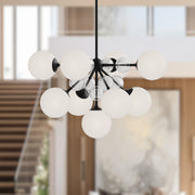 Alora Mood Celia 30in 9-Light Chandelier | Matte Black and Opal Glass with Clear Ribbed Glass | Dining Room & Living Room | E12 | Model CH415331MBOP