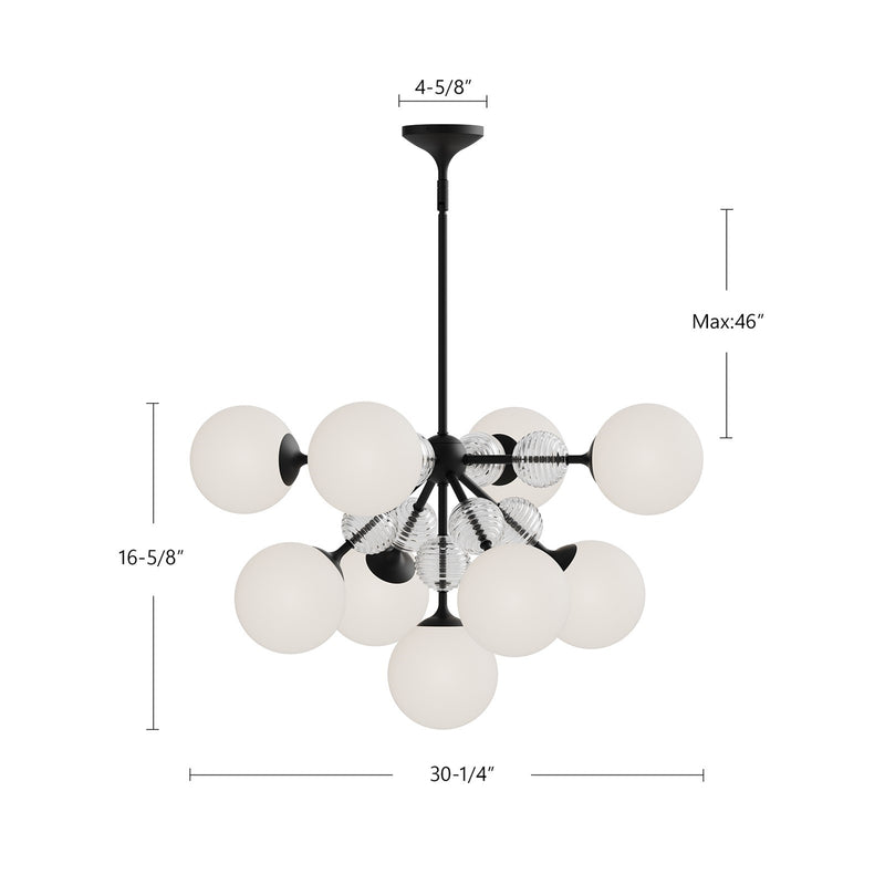 Alora Mood Celia 30in 9-Light Chandelier | Matte Black and Opal Glass with Clear Ribbed Glass | Dining Room & Living Room | E12 | Model CH415331MBOP