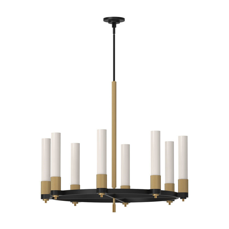 Kuzco Rue 38in 8-Light Chandelier | Parisian Matte Black and Brushed Gold Steel with Glossy Opal Glass | Dining Room & Living | Model CH416108MBBG