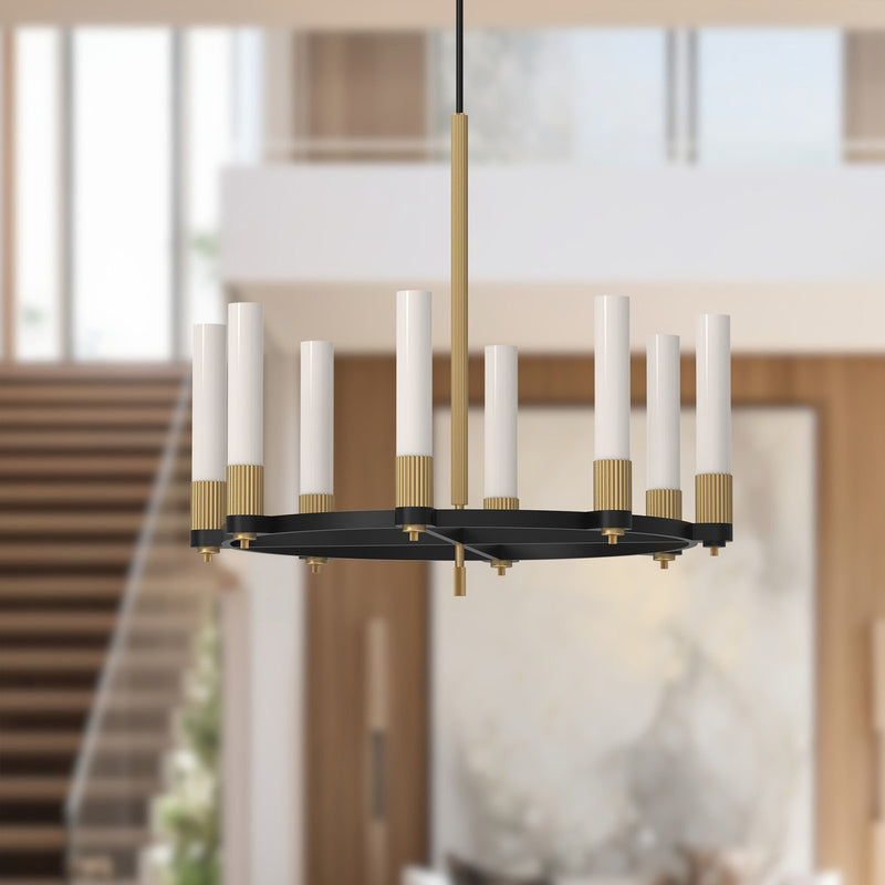 Kuzco Rue 38in 8-Light Chandelier | Parisian Matte Black and Brushed Gold Steel with Glossy Opal Glass | Dining Room & Living | Model CH416108MBBG