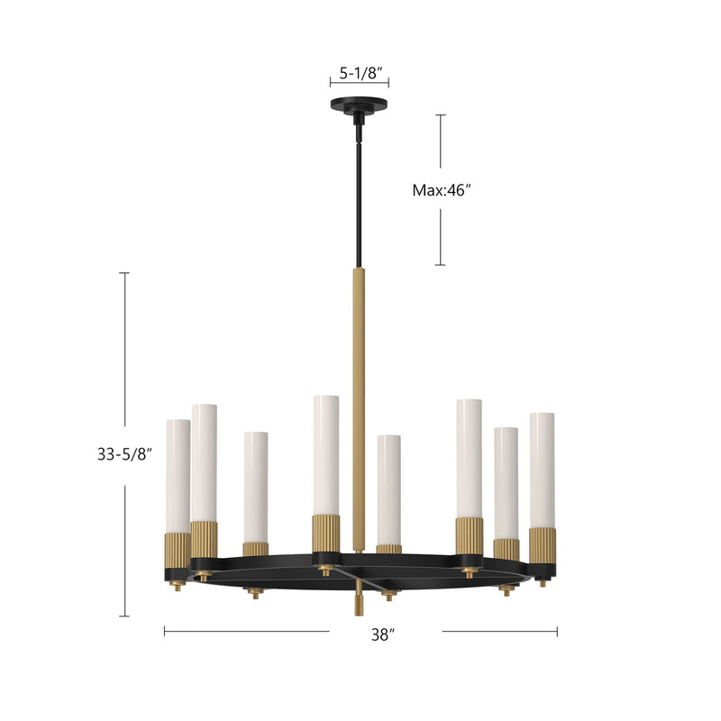 Kuzco Rue 38in 8-Light Chandelier | Parisian Matte Black and Brushed Gold Steel with Glossy Opal Glass | Dining Room & Living | Model CH416108MBBG