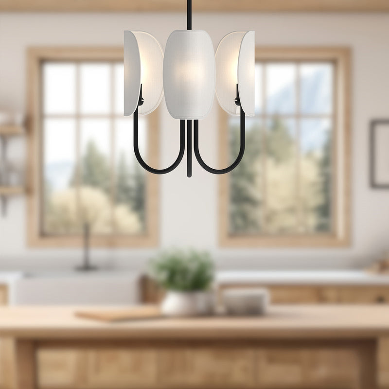 Kuzco Seno 15in 3-Light Chandelier | Modern Origami Matte Black Aluminum and White Cotton Fabric | Dining Room & Living Room | Model CH450715MBCW