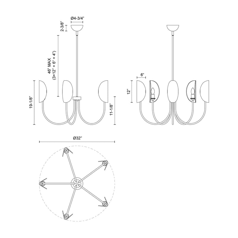 Kuzco Seno 32in 5-Light Chandelier | Matte Black Aluminum and White Cotton Shades | Dining Room & Living Room | 32 x 19 in | Model CH450732MB