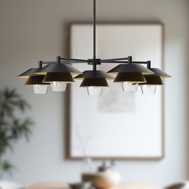 Kuzco Tetsu 38in 5-Light Chandelier | Japandi Matte Black Steel and Clear Glass | Dining Room & Living Room | 38 x 38 x 8.75 in | Model CH475138MBCL