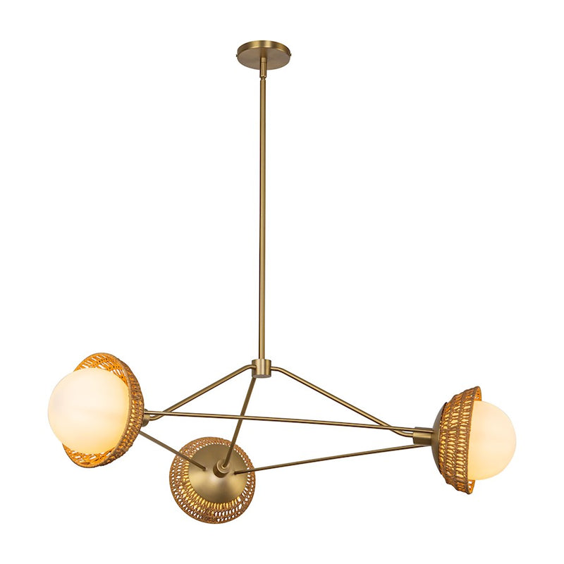 Kuzco Perth 40in 3-Light Chandelier | Mid-Century Brushed Gold Steel, Rattan Shade and Opal Glass | Covered Patio & Dining Room | Model CH490340BGOP