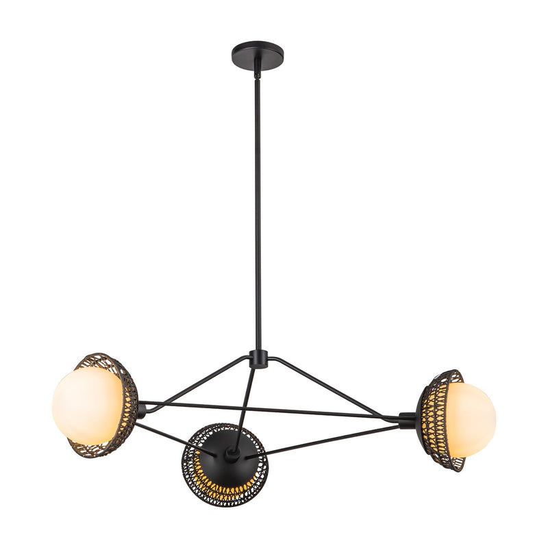 Kuzco Alora Mood Perth 40in 3-Light Chandelier | Mid-Century Matte Black Steel and Opal Glass Rattan Shade | Covered Patio | Model CH490340MBOP