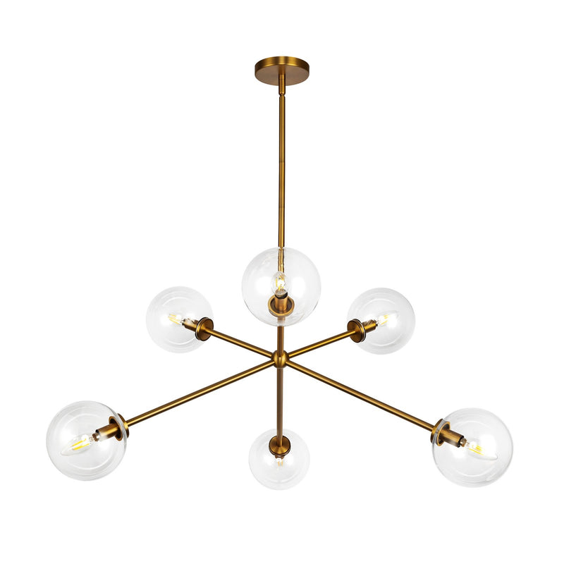 Kuzco Cassia 40in 6-Light Chandelier | Mid-Century Aged Brass Steel and Clear Glass | Dining Room & Living Room | 40 x 40 x 16 in | Model CH549640AGCL
