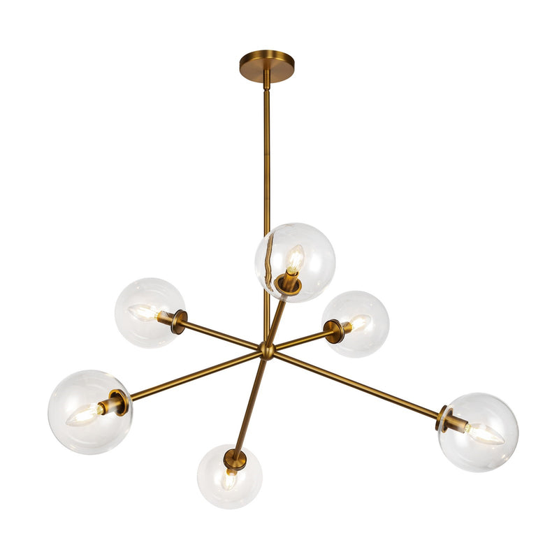 Kuzco Cassia 40in 6-Light Chandelier | Mid-Century Aged Brass Steel and Clear Glass | Dining Room & Living Room | 40 x 40 x 16 in | Model CH549640AGCL