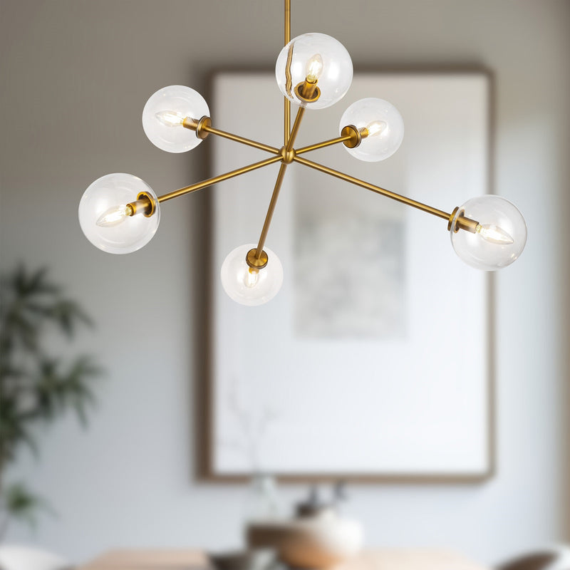 Kuzco Cassia 40in 6-Light Chandelier | Mid-Century Aged Brass Steel and Clear Glass | Dining Room & Living Room | 40 x 40 x 16 in | Model CH549640AGCL