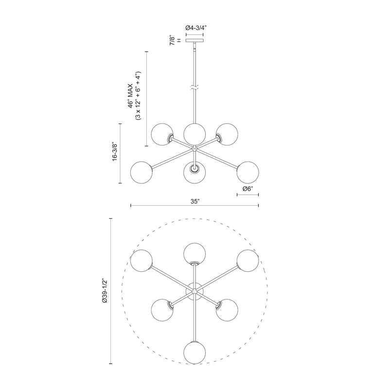 Kuzco Cassia 40in 6-Light Chandelier | Mid-Century Aged Brass Steel and Clear Glass | Dining Room & Living Room | 40 x 40 x 16 in | Model CH549640AGCL