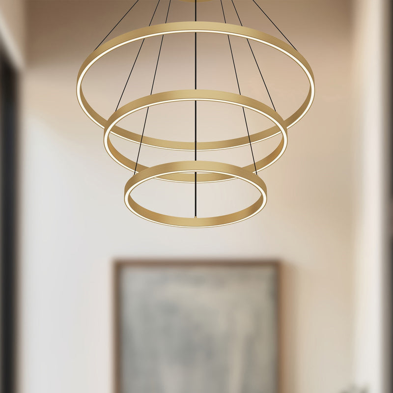 Kuzco Cerchio 32in 3-Tier LED Chandelier | Modern Brushed Gold and Frosted Silicone Diffuser | Dining Room & Living Room | Model CH87932-BG