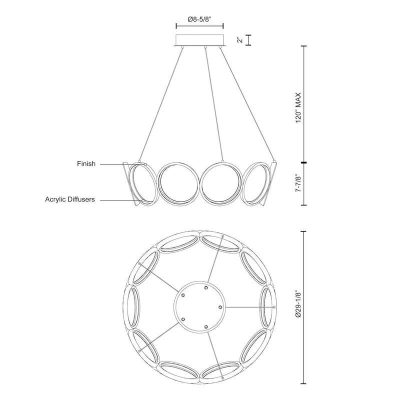 Kuzco Oros 29in LED Chandelier | Antique Silver Aluminum and White Acrylic Diffusers | Dining Room & Living Room | 29.12 x 7.88 in | Model CH94829-AS