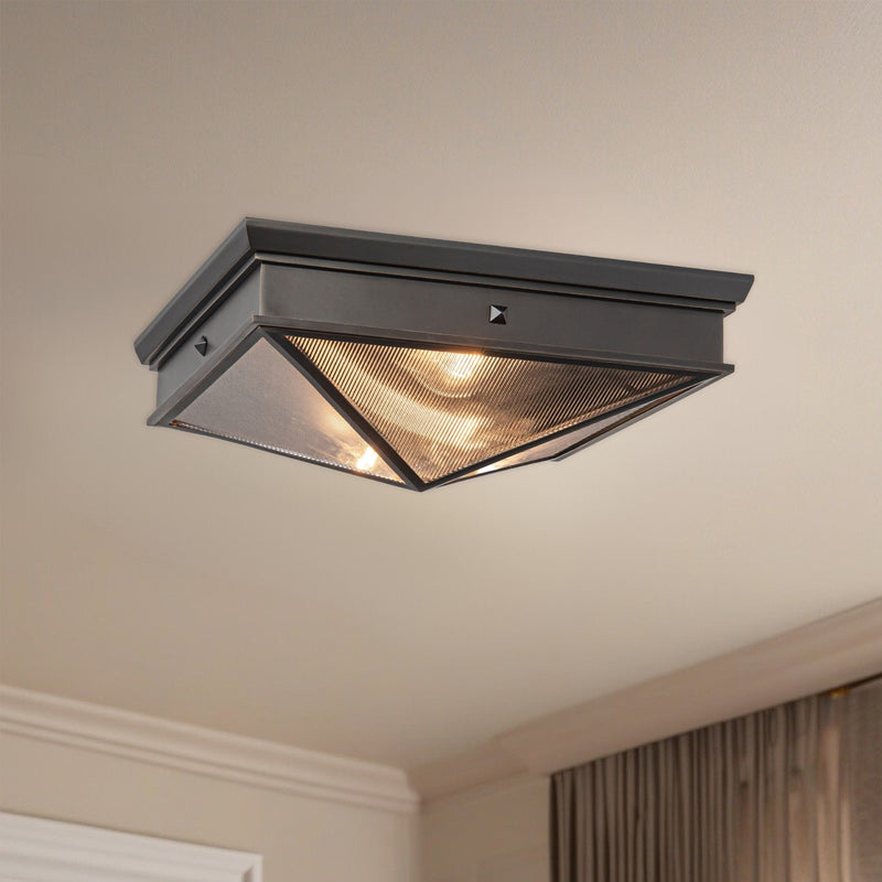 Kuzco Cairo 15in 2-Light Flush Mount | Urban Bronze Steel and Clear Ribbed Glass | Hallway & Bedroom Ceiling Light | Model FM332615UBCR