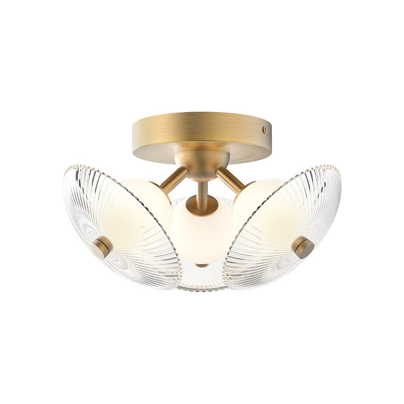 Kuzco Hera 12.5in LED Flush Mount | Brushed Gold Clear Ribbed Glass and Opal Ball | Bedroom & Hallway Ceiling Light | 1910lm | Model FM417604BGCR