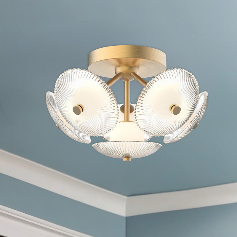 Kuzco Alora Mood Hera 16in LED Flush Mount | Brushed Gold and Clear Ribbed Glass with Opal Ball | Bedroom & Hallway Ceiling | Model FM417606BGCR