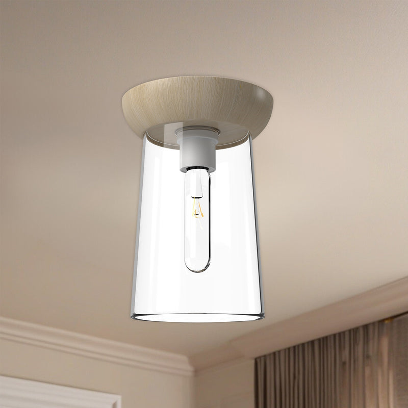 Kuzco Emil 7in 1-Light Flush Mount | Scandinavian White Oak Wood and Clear Glass | Bedroom & Hallway Ceiling Light | 10 x 7 in | Model FM542007WHWK