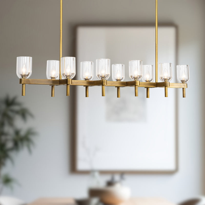 Kuzco Lucian 10-Light Linear Pendant | Classic Vintage Brass Steel and Clear Crystal with Alabaster Diffusers | Dining Room | Model LP338052VBCC