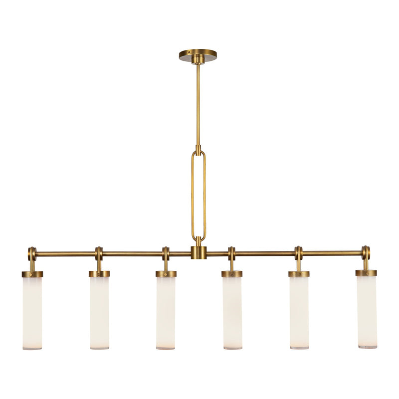 Kuzco Wynwood 52in 6-Light Linear Pendant | Industrial Vintage Brass Steel and Glossy Opal Glass | Kitchen Island & Dining Room | Model LP355652VBGO