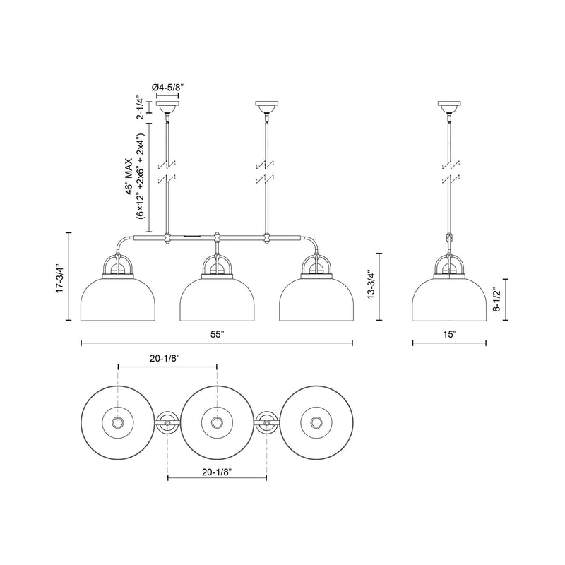 Kuzco Lancaster 55in 3-Light Linear Pendant | Chrome Steel and Clear Glass | Kitchen Island & Dining Room | 55 x 15 x 17.75 in | Model LP461155CH