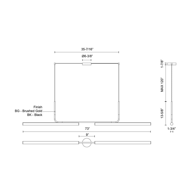Kuzco Vesper 73in 1-Light LED Linear Pendant | Industrial Black Aluminum and Frosted Acrylic | Kitchen Island & Dining Table | Model LP73073-BK