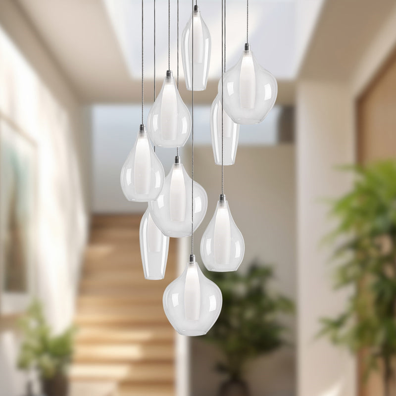 Kuzco Victoria 9-Head LED Multi Pendant | Chrome Metal and Clear Glass with Opal Inner | Dining Room & Open Living Area | Model MP3009