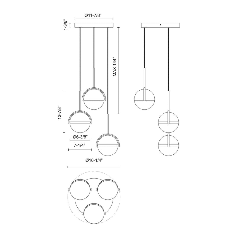 Kuzco Globo 16in 3-Light LED Pendant | Modern Matte Black and Frosted Acrylic | Kitchen Island & Dining Room | Model MP301003MB