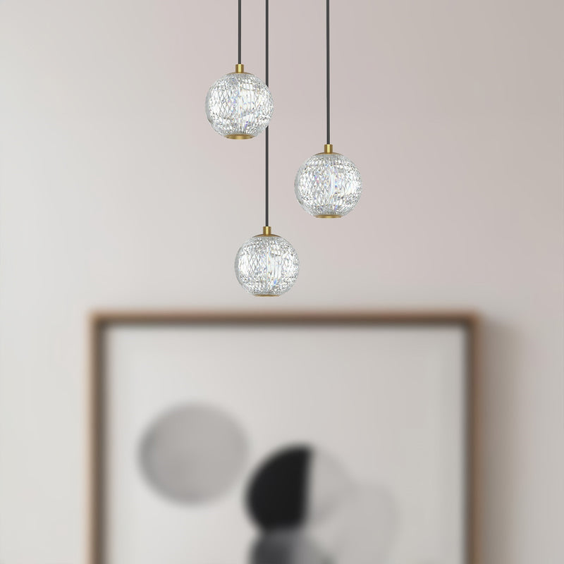 Kuzco Marni 11in 3-Light LED Multi Pendant | Glamorous Natural Brass and Clear Carved Acrylic | Kitchen Island & Dining Room | Model MP321203NB
