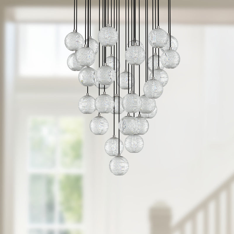 Kuzco Marni 30-Head LED Multi Pendant | Polished Nickel and Clear Carved Acrylic | Living Room & Dining Room | 25.6 x 4.8 in | Model MP321230PN