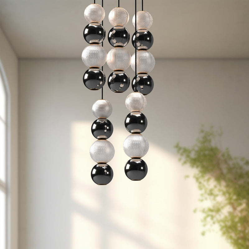 Kuzco Onyx 5-Light LED Multi Pendant | Modern Polished Nickel Aluminum and Clear Carved Acrylic | Kitchen Island & Dining Room | Model MP321805PN