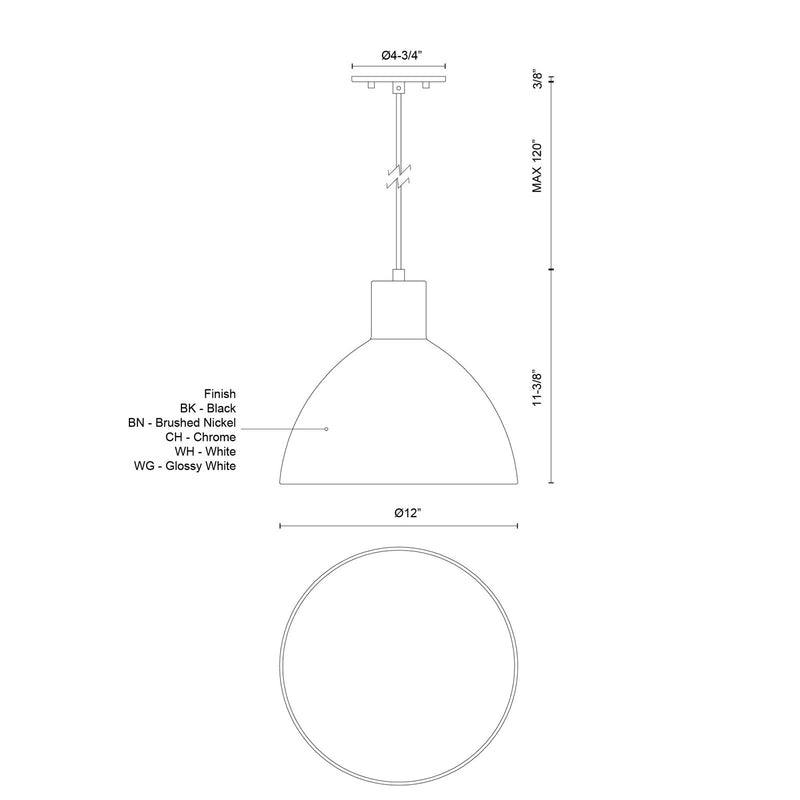 Kuzco Chroma 12in 1-Light Pendant | Modern Brushed Nickel and White Acrylic Diffuser | Kitchen Island & Dining Room | Model PD1712-BN