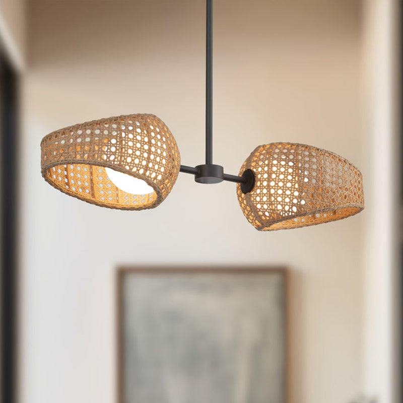 Kuzco Lanai 2-Head LED Pendant | Coastal Black Rattan and Opal Glass | Covered Patio & Dining Room | 7.38 x 7.38 x 5.62 in | Model PD20602-BK-OP