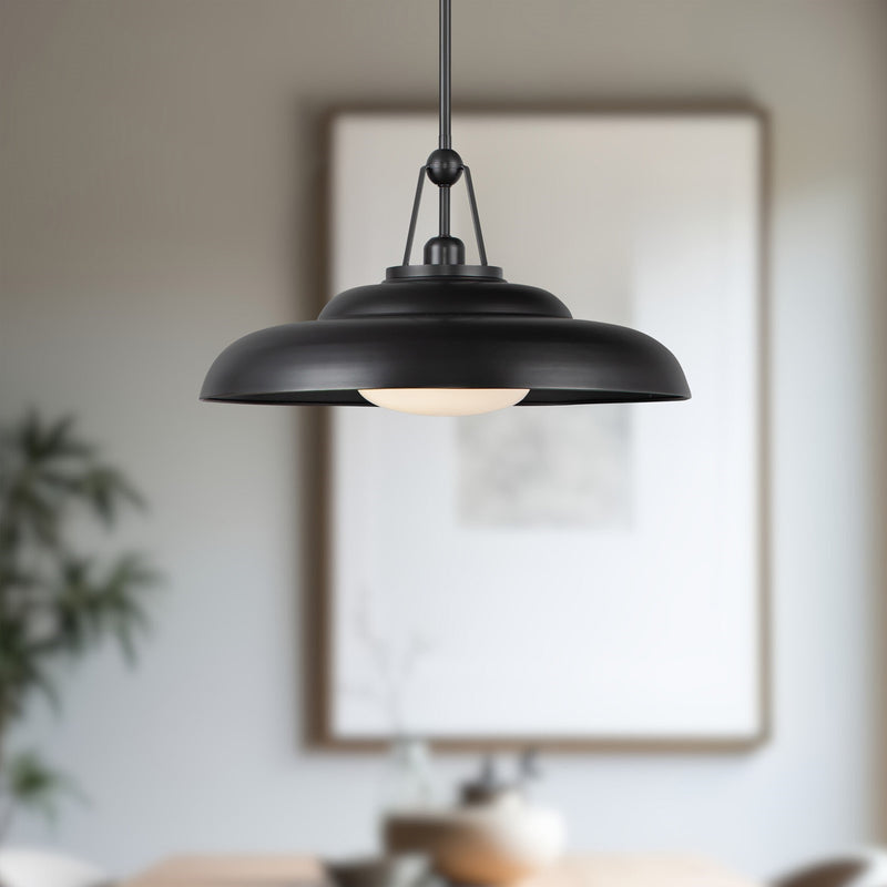 Kuzco Palmetto 20in 1-Light Pendant | Vintage Industrial Urban Bronze Steel and Glossy Opal Glass | Kitchen Island & Dining Room | Model PD344020UBGO