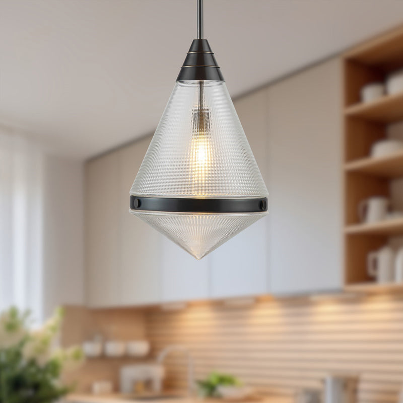 Kuzco Willard 22in 1-Light Pendant | Cottage Urban Bronze and Clear Prismatic Glass | Kitchen Island & Dining Room | Model PD348022UBPG