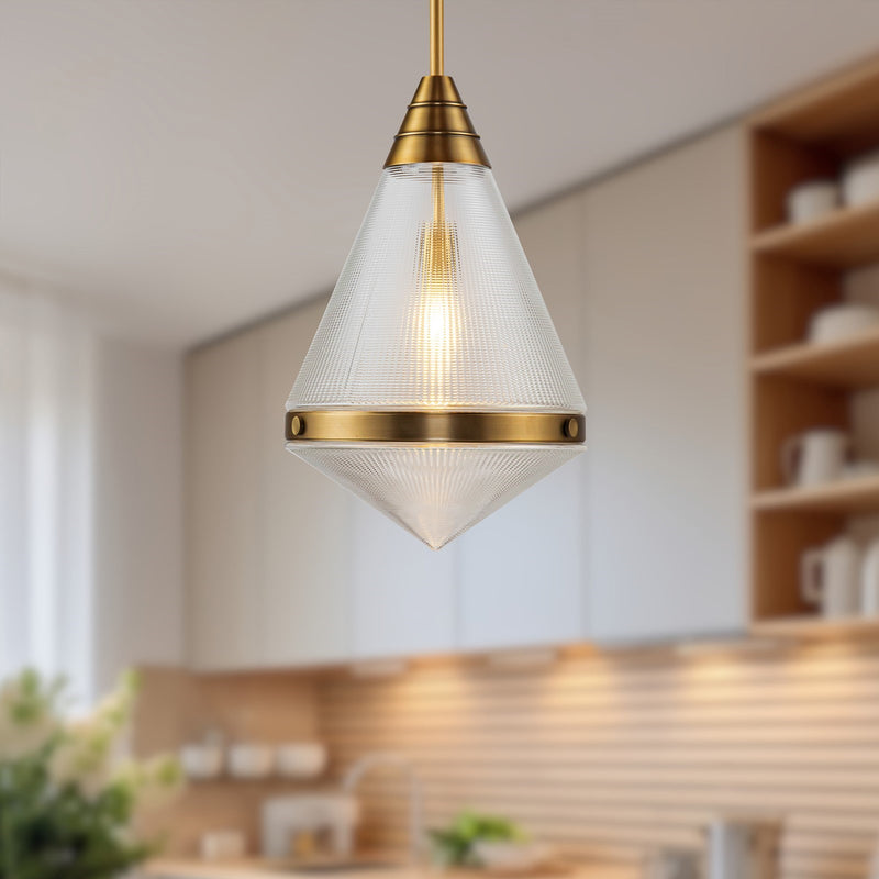 Kuzco Willard 22in 1-Light Pendant | Vintage Brass Steel and Clear Prismatic & Opal Glass | Kitchen Island & Dining Room | H | Model PD348022VBPG