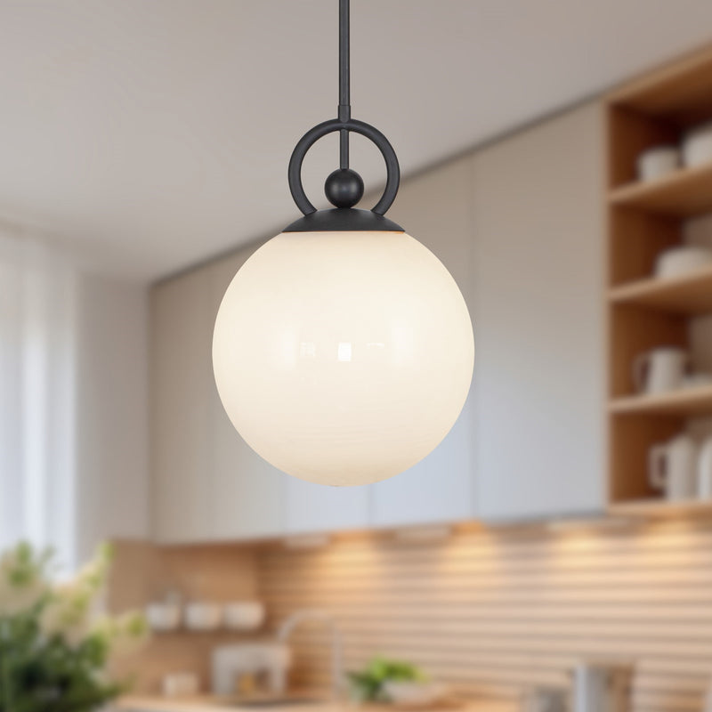Kuzco Alora Mood Fiore 10in 1-Light Pendant | Vintage Matte Black Steel and Glossy Opal Glass | Kitchen Island & Dining Room | Model PD407910MBGO
